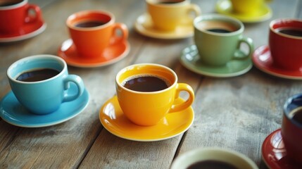 Colorful Coffee Cups on Wooden Table