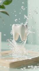 Oral clarity: a pristine white tooth with vibrant water splashes dancing around it, essence of cleanliness, significance of maintaining healthy teeth through proper dental care and hydration.