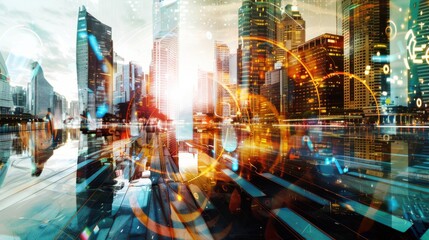 A digital artwork merging symbols of diversity into a futuristic cityscape, Symbolizing technological integration and cultural diversity, photography style