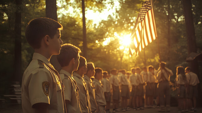 Silhouetted Youth in Uniforms Stand at Sunset, Flag in Background, Patriotic Summer Camp Scene