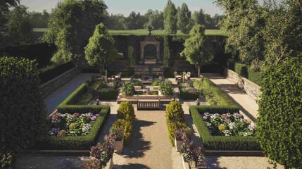 Lush and Serene Formal Garden Design Featuring Well-Maintained Borders, Colorful Flowerbeds, and Elegant Pathways in a Tranquil Outdoor Setting