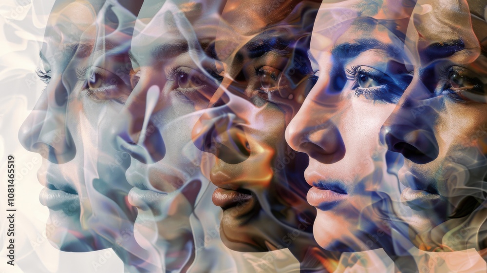 Poster A digital collage of diverse faces morphing into one another, Illustrating the fluidity and unity in human diversity, photography style