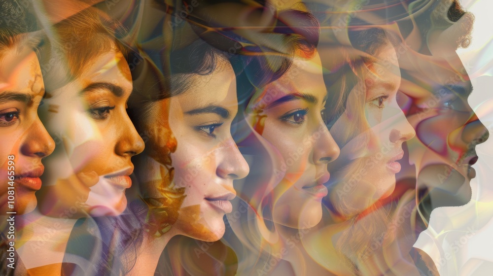 Poster A digital collage of diverse faces morphing into one another, Illustrating the fluidity and unity in human diversity, photography style