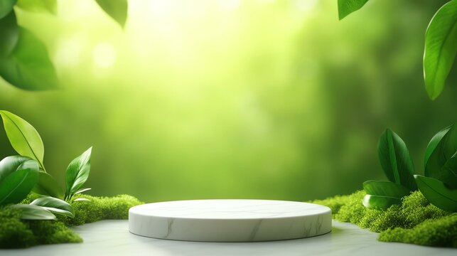 Elegant marble podium stand with forest greenery and moss accents, detailed nature background, soft natural lighting for a calming effect, eyelevel view, precise textures