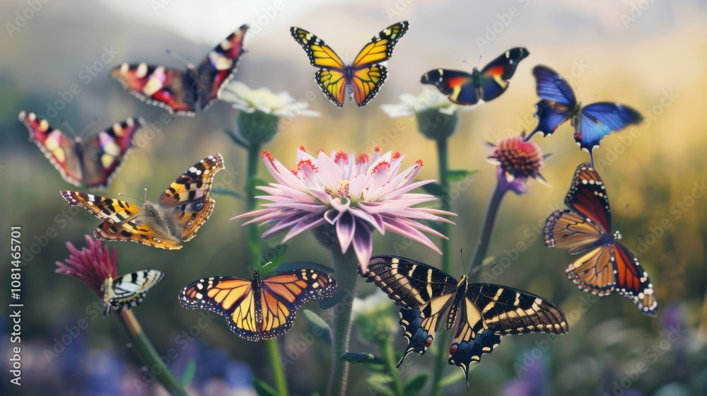 Aufkleber A diverse array of butterflies with different wing patterns and colors perched on a single flower, Symbolizing the beauty of diversity and the need for inclusion in a shared environment