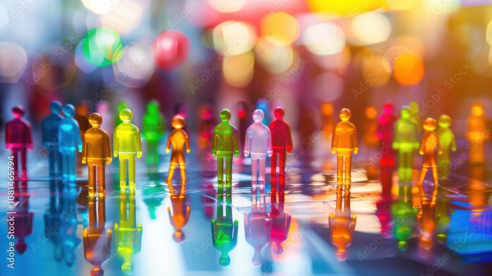 Poster a diverse group of 3d figures symbolizing inclusion against a softly blurred city square, reflecting