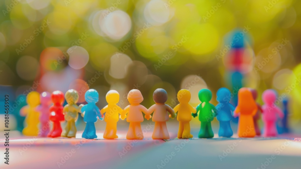Poster A diverse group of 3D figures symbolizing inclusion against a softly blurred playground backdrop, Reflecting harmony in childhood diversity, photography style