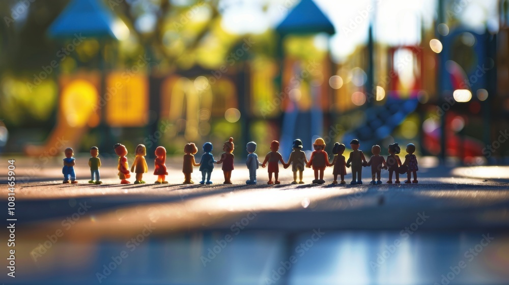 Poster A diverse group of 3D figures symbolizing inclusion against a softly blurred playground backdrop, Reflecting harmony in childhood diversity, photography style