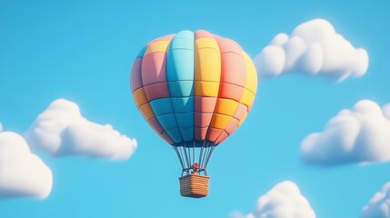 Obraz premium A colorful hot air balloon floats against a bright blue sky with fluffy clouds.