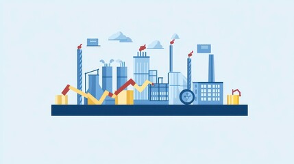 Illustration of a factory with up and down graphs depicting economic growth and decline.