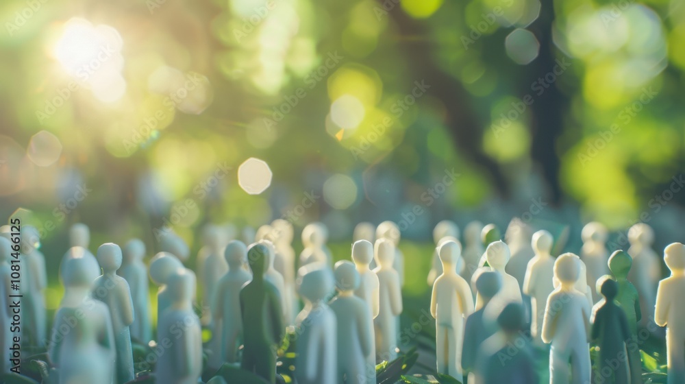 Poster a diverse group of 3d figures symbolizing unity against a softly blurred city park backdrop, reflect
