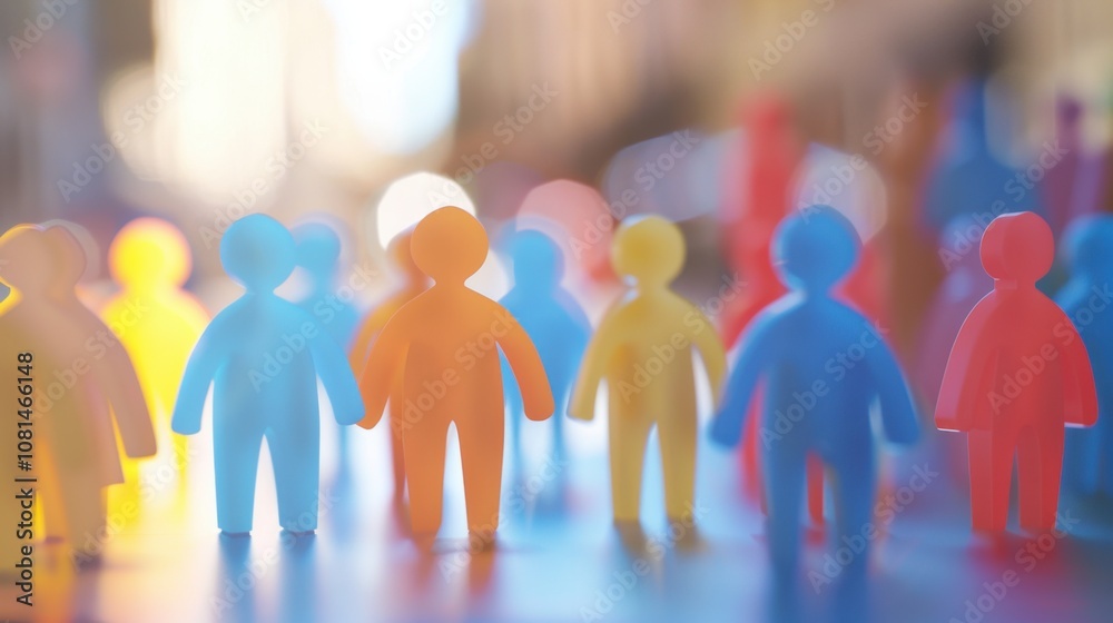 Poster A diverse group of 3D figures symbolizing unity against a softly blurred city square backdrop, Reflecting inclusivity in urban gatherings, photography style