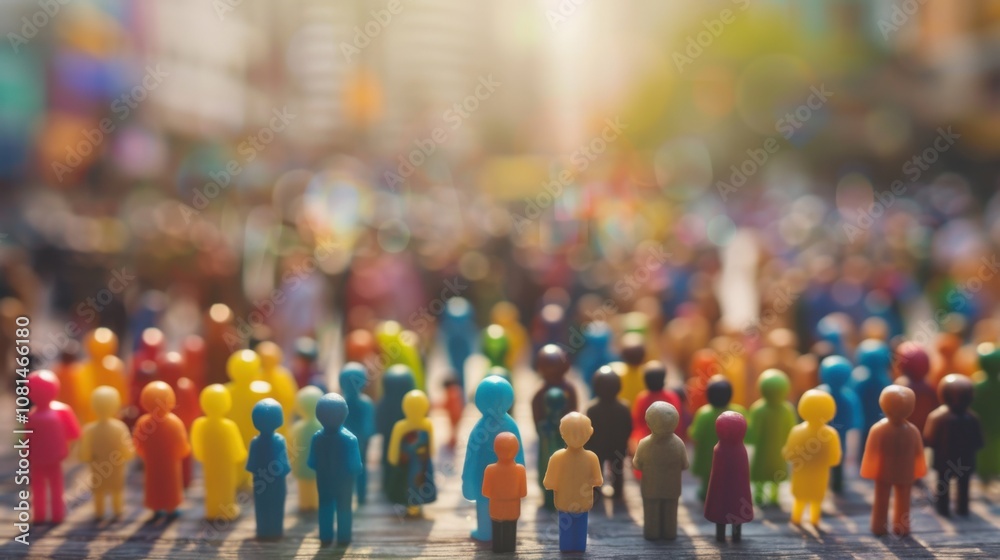 Poster a diverse group of 3d figures symbolizing unity against a softly blurred city square backdrop, refle