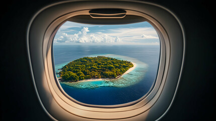 Naklejka premium Aerial View of Lush Tropical Island Seen Through Airplane Window, Turquoise Waters Surround Sandy Beach, White Clouds in Sky