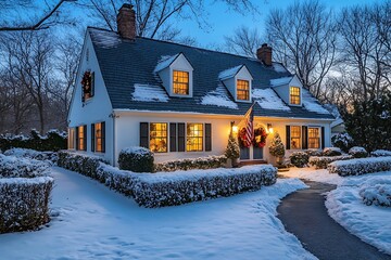 A cozy home with a dark roof and white walls, illuminated by warm lights from the windows at night in winter