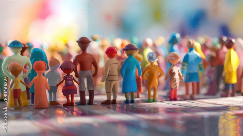 Aufkleber A diverse group of 3D figures symbolizing unity against a softly blurred community center backdrop, Reflecting inclusivity in local outreach, photography style