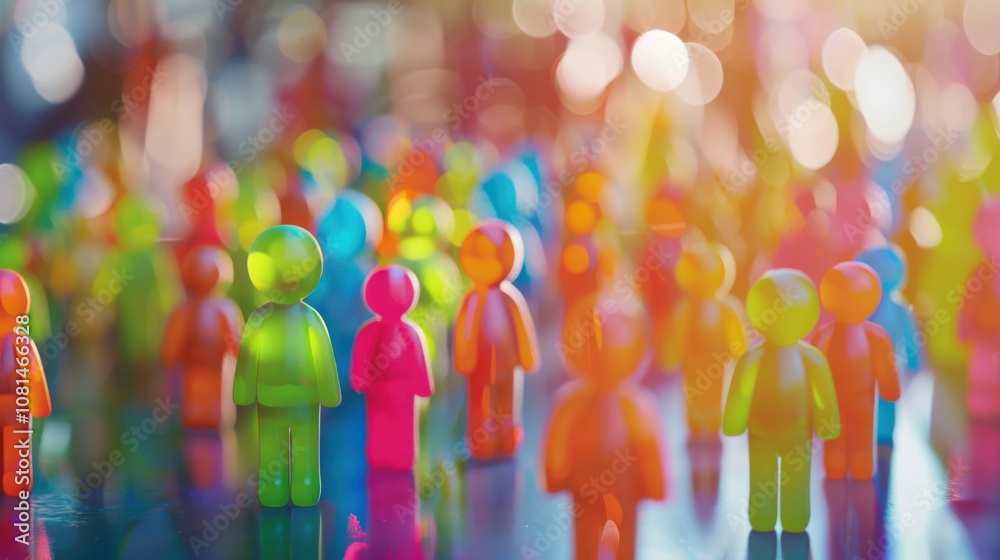 Aufkleber A diverse group of 3D figures symbolizing unity against a softly blurred community center backdrop, Reflecting inclusivity in local outreach, photography style