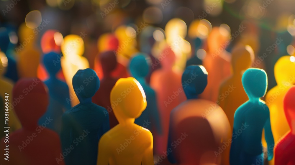 Poster A diverse group of 3D figures symbolizing unity against a softly blurred community center backdrop, Reflecting inclusivity in local outreach, photography style