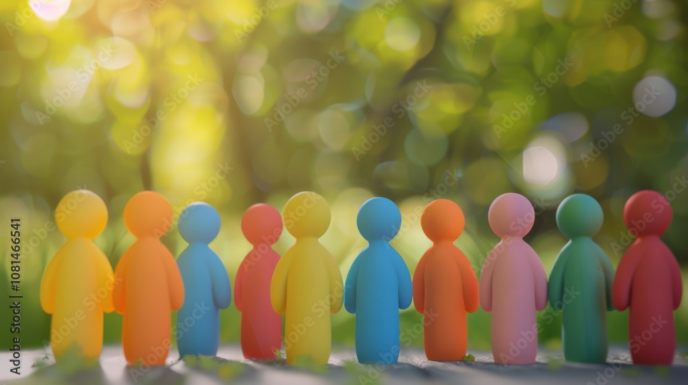 Poster A diverse group of 3D figures symbolizing unity against a softly blurred park backdrop, Reflecting harmony in natural settings, photography style