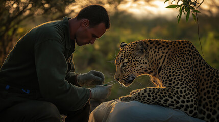 Vet examining a leopard with tranquilizer darts, jungle environment, late afternoon sunlight