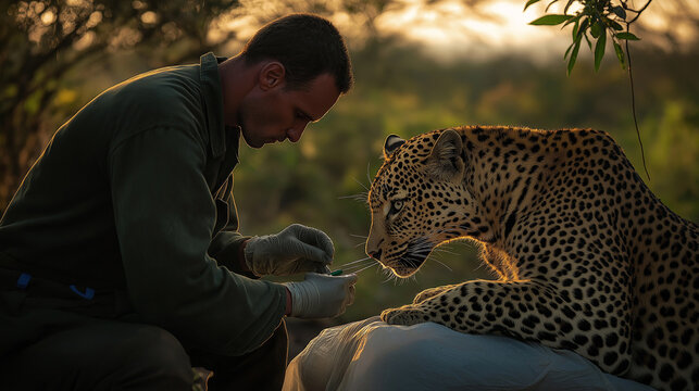 Vet examining a leopard with tranquilizer darts, jungle environment, late afternoon sunlight