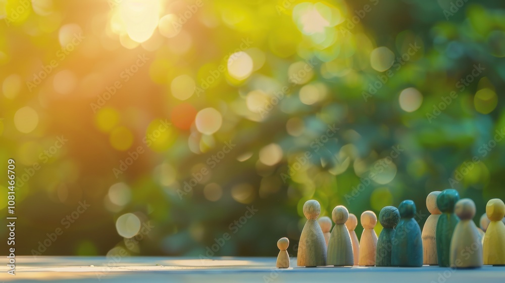 Poster A diverse group of 3D figures symbolizing unity against a softly blurred suburban park backdrop, Reflecting inclusivity in local communities, photography style