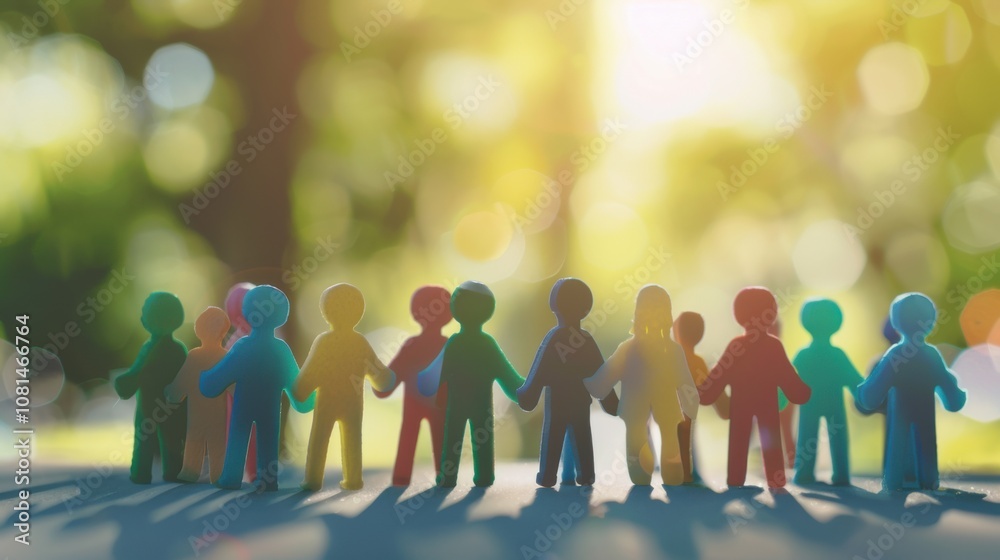 Aufkleber A diverse group of 3D figures symbolizing unity against a softly blurred university campus backdrop, Reflecting inclusivity in academic environments, photography style