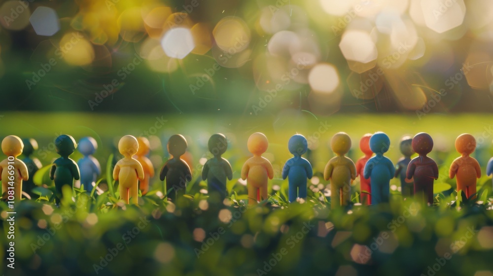 Poster a diverse group of 3d figures symbolizing unity against a softly blurred urban neighborhood backdrop