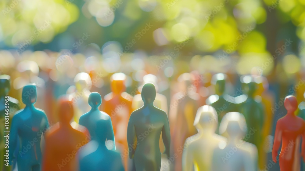 Poster a diverse group of 3d figures symbolizing unity against a softly blurred urban neighborhood backdrop