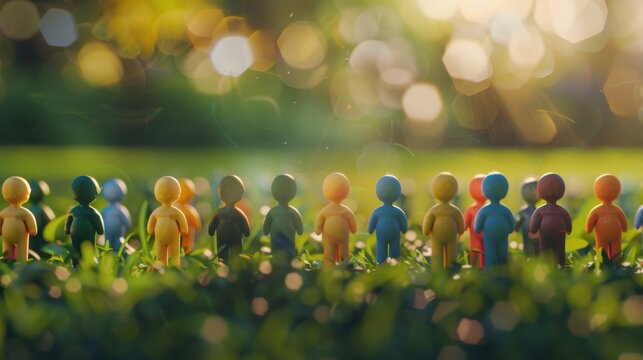 A diverse group of 3D figures symbolizing unity against a softly blurred urban neighborhood backdrop, Reflecting inclusivity in community settings, photography style