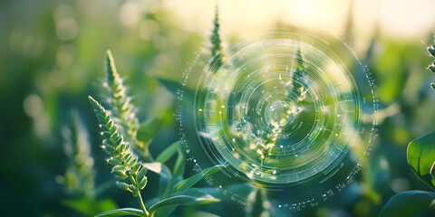 Sunrise Agriculture Tech: Futuristic interface overlaid on vibrant green plants, symbolizing technological advancements in farming and sustainable agriculture.  