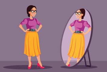 Happy Fashionable Woman Looking in the Mirror Vector Illustration. Lady wearing pretty clothing and having a confident attitude
