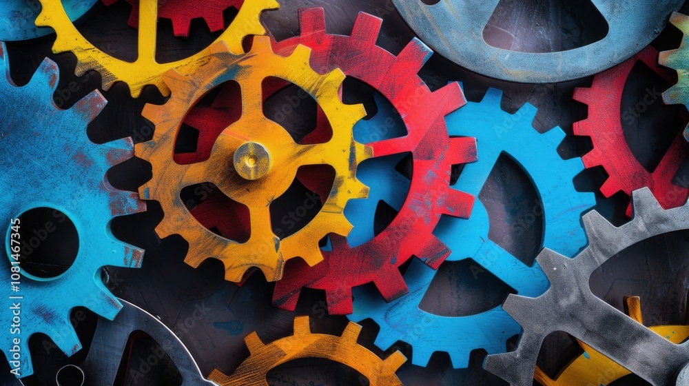 Poster a dramatic depiction of different colored, interlocking gears working in unison within a sleek, mode