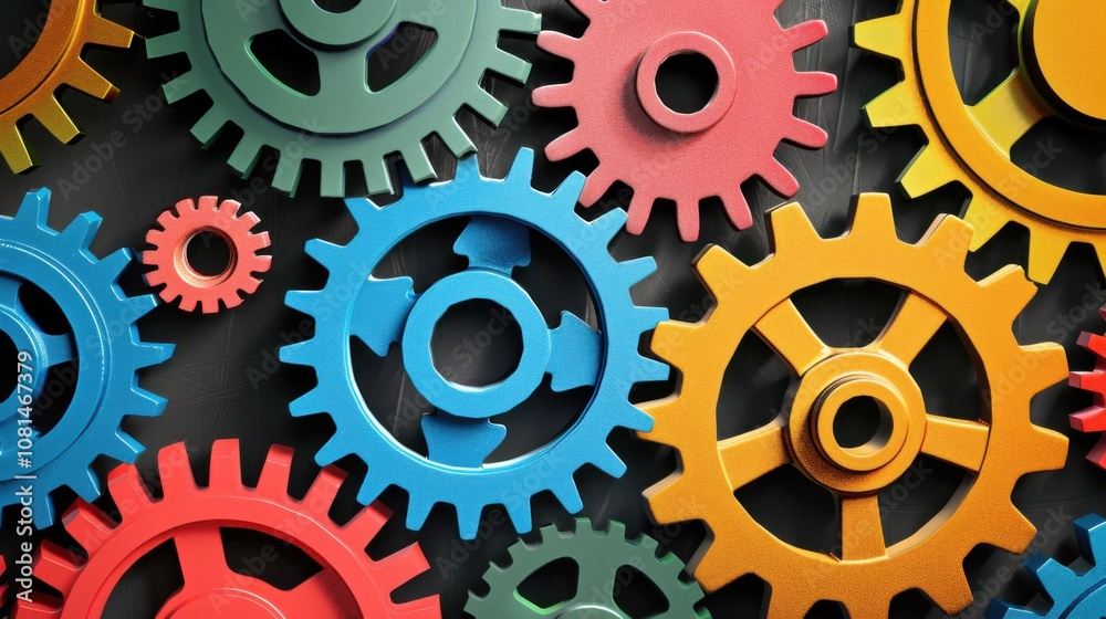 Poster a dramatic depiction of different colored, interlocking gears working in unison within a sleek, mode