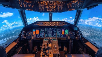 Cockpit view of an airplane flying over clouds and land.