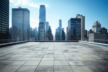 Empty rooftop terrace with skyscrapers and city view.