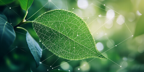Nature's Network: Intricate leaf veins highlighted with a network design, showcasing the interconnectedness of nature. A vibrant green leaf stands out against a bokeh background of lush foliage.