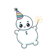 Hand drawn cute snowman with party hat dancing. Vector illustration on white background.