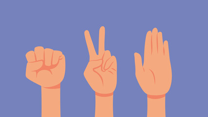 Hands Making Rock, Paper, Scissors Gestures Vector Cartoon illustration. Group of friends playing games together 
