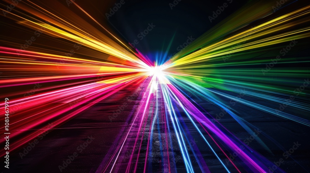 Poster a dramatic visual of different colored lights converging into a single, bright beam, highlighting ho