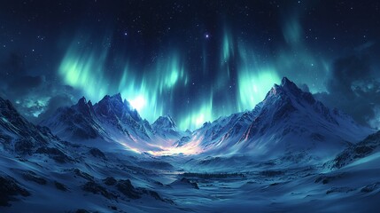 Naklejka premium Captivating nighttime view of snowy mountain peaks under a vivid aurora borealis sky, 