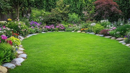 Obraz premium Lush Green Lawn Surrounded by Colorful Flowerbeds and Vibrant Plants in a Serene Garden Haven Ideal for Outdoor Relaxation and Nature Appreciation