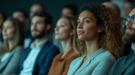 Obraz premium Audience engaged in a professional seminar, listening intently to a speaker at a conference venue in a modern setting