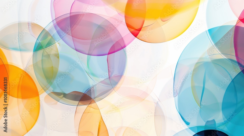 Poster A dynamic composition of overlapping transparent circles in various hues against a plain white backdrop, Symbolizing transparency and diversity, photography style
