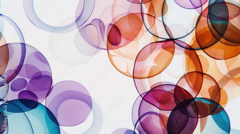 Poster A dynamic composition of overlapping transparent circles in various hues against a plain white backdrop, Symbolizing transparency and diversity, photography style