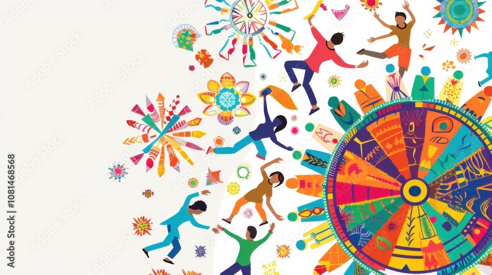 Poster a dynamic image of a colorful spinning wheel adorned with various cultural motifs, with diverse indi