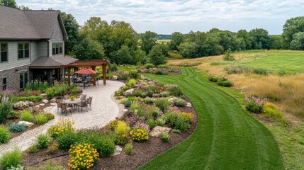 Fototapeta premium Serene Landscape Featuring a Beautifully Designed Garden with a Stone Patio and Lush Greenery Surrounded by Natural Beauty and Open Fields