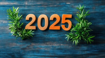 Wooden numbers 2025 on a blue wooden background with green plants.