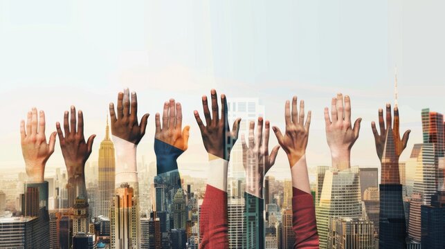 A dynamic representation of diverse leadership, showing a series of hands from different backgrounds raising a shared flag in front of a cityscape, Symbolizing unity and leadership through diversity