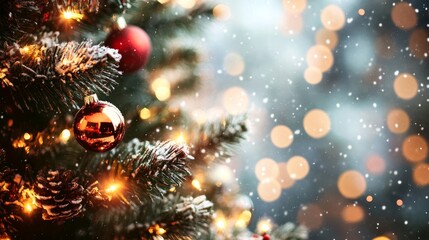A festive Christmas tree adorned with ornament and light, set against a snowy background.